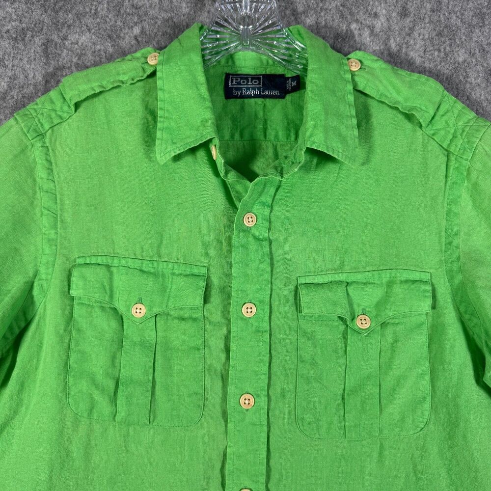 Polo Ralph Lauren Mens Medium Green Linen Safari Utility Button Shirt Epaulettes